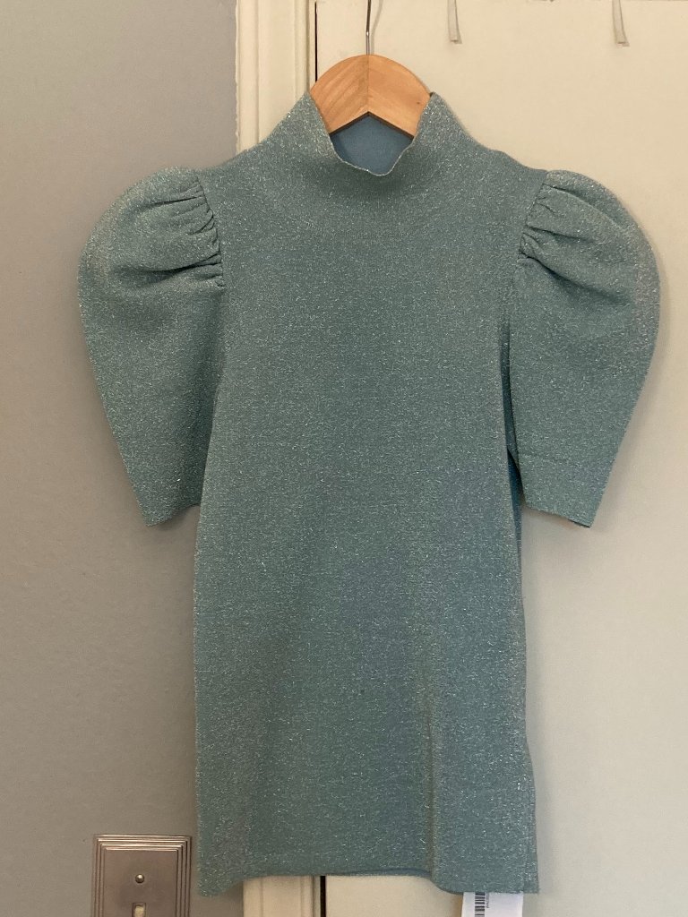 Alice + Olivia Issa Shirt-Sleeve Metallic Knit Mock Top In Waterfall Blue, Sz. S